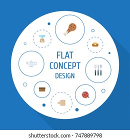 Flat Icons Broth, Loaf, Fried Poultry And Other Vector Elements. Set Of Food Flat Icons Symbols Also Includes Broth, Leg, Soup Objects.