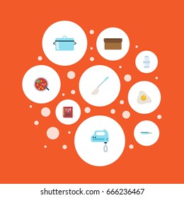 Flat Icons Broth, Loaf, Soup Spoon And Other Vector Elements. Set Of Cooking Flat Icons Symbols Also Includes Cooking, Blender, Omelette Objects.