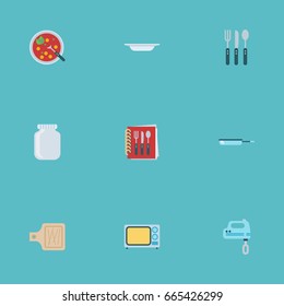 Flat Icons Broth, Silverware, Cooking Notebook And Other Vector Elements. Set Of Food Flat Icons Symbols Also Includes Dish, Knife, Beater Objects.