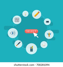 Flat Icons Brush, Eye, Case And Other Vector Elements. Set Of Constructive Flat Icons Symbols Also Includes Writing, Concept, See Objects.