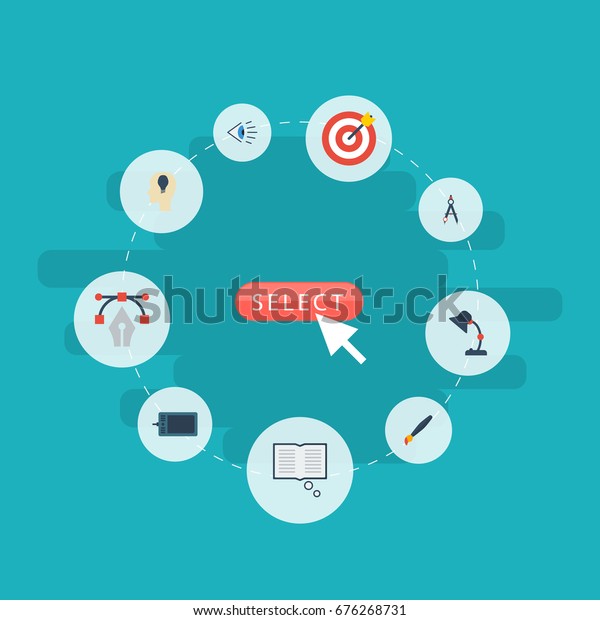 Flat Icons Brush, Gadget, Illuminator And Other\
Vector Elements. Set Of Creative Flat Icons Symbols Also Includes\
Draw, Target, Compasses\
Objects.