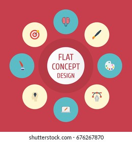 Flat Icons Brush, Writing, Arrow And Other Vector Elements. Set Of Original Flat Icons Symbols Also Includes Notion, Draw, Bulb Objects.
