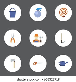 Flat Icons Bucket, Garden Hose, Watering Can And Other Vector Elements. Set Of Agriculture Flat Icons Symbols Also Includes Hose, Tool, Bottle Objects.