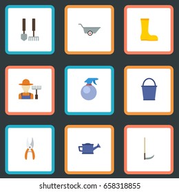 Flat Icons Bucket, Grower, Spray Bottle And Other Vector Elements. Set Of Agriculture Flat Icons Symbols Also Includes Tool, Rubber, Grower Objects.