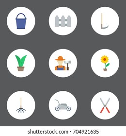 Flat Icons Bucket, Plant, Fence And Other Vector Elements. Set Of Horticulture Flat Icons Symbols Also Includes Rake, Pail, Hedge Objects.
