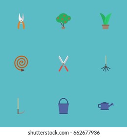 Flat Icons Bucket, Plant, Scissors And Other Vector Elements. Set Of Horticulture Flat Icons Symbols Also Includes Tool, Pruner, Bailer Objects.