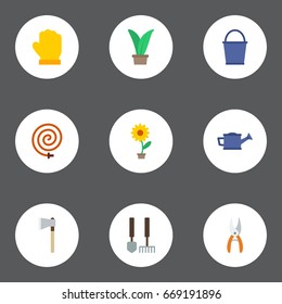 Flat Icons Bucket, Pruner, Plant And Other Vector Elements. Set Of Gardening Flat Icons Symbols Also Includes Tools, Instruments, Garden Objects.