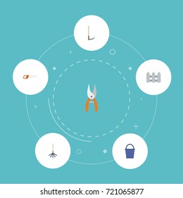 Flat Icons Bucket, Rake, Cutter And Other Vector Elements. Set Of Horticulture Flat Icons Symbols Also Includes Fence, Hacksaw, Scissors Objects.