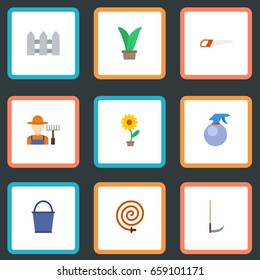 Flat Icons Bucket, Spray Bottle, Flowerpot And Other Vector Elements. Set Of Agriculture Flat Icons Symbols Also Includes Herb, Hacksaw, Fencing Objects.