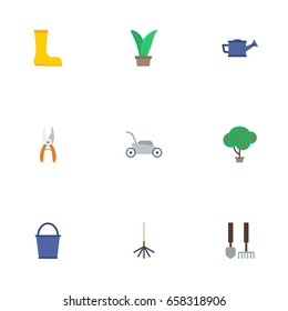 Flat Icons Bucket, Tools, Lawn Mower And Other Vector Elements. Set Of Horticulture Flat Icons Symbols Also Includes Bucket, Cutter, Boots Objects.