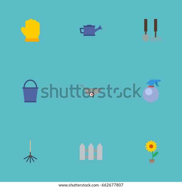 Flat Icons Bucket, Tools, Rake And Other Vector\
Elements. Set Of Gardening Flat Icons Symbols Also Includes Flower,\
Hedge, Car Objects.