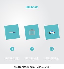 Flat Icons Building, Automobile, Bayonet And Other Vector Elements. Set Of Criminal Flat Icons Symbols Also Includes Bayonet, House, Court Objects.