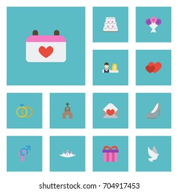 Flat Icons Building, Engagement, Accessories And Other Vector Elements. Set Of Ceremony Flat Icons Symbols Also Includes Love, Dove, Card Objects.