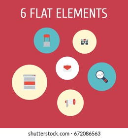 Flat Icons Building, Market, Message And Other Vector Elements. Set Of Marketing Flat Icons Symbols Also Includes Magnifier, Building, Megaphone Objects.