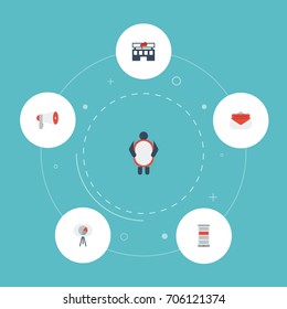 Flat Icons Building, Megaphone, Man With Banner And Other Vector Elements. Set Of Marketing Flat Icons Symbols Also Includes Statistics, Man, Campaign Objects.
