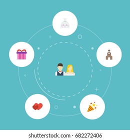 Flat Icons Building, Present, Sparkler And Other Vector Elements. Set Of Marriage Flat Icons Symbols Also Includes Heart, Sparkle, Church Objects.