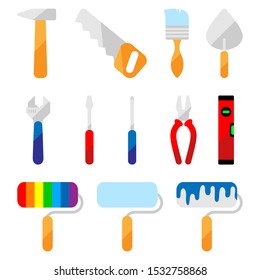 Flat icons of building tools. Hammer, handsaw, paint brush, putty knife, wrench, screwdriver, pliers, handle roller, spirit level. Vector.