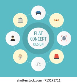 Flat Icons Building, Warning Strip, Inspector And Other Vector Elements. Set Of Criminal Flat Icons Symbols Also Includes Thumbprint, Automobile, Flasher Objects.
