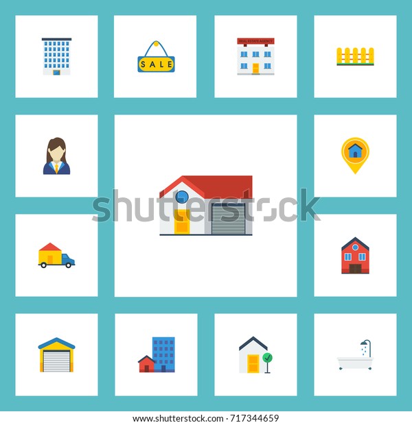 Flat Icons Buildings, Real Estate, Choice And\
Other Vector Elements. Set Of Immovable Flat Icons Symbols Also\
Includes Sale, Home, Wooden\
Objects.