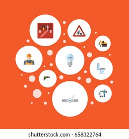 Flat Icons Bulb, Caution, Toolkit And Other Vector Elements. Set Of Construction Flat Icons Symbols Also Includes Crawler, Worker, Bulb Objects.