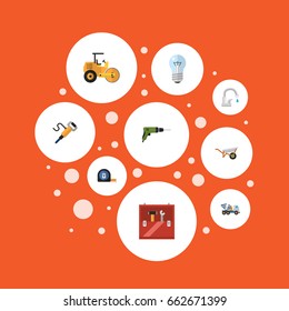 Flat Icons Bulb, Cement Blender, Steamroller And Other Vector Elements. Set Of Industry Flat Icons Symbols Also Includes Screwdriver, Handcart, Roller Objects.