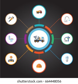 Flat Icons Bulb, Cement Blender, Faucet And Other Vector Elements. Set Of Industry Flat Icons Symbols Also Includes Dumper, Headwear, Tower Objects.