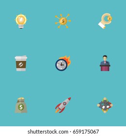 Flat Icons Bulb, Coin, Discussion And Other Vector Elements. Set Of Idea Flat Icons Symbols Also Includes Deadline, Hand, Light Objects.