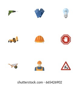 Flat Icons Bulb, Electric Screwdriver, Caution And Other Vector Elements. Set Of Construction Flat Icons Symbols Also Includes Handcart, Backhoe, Workman Objects.