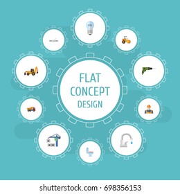 Flat Icons Bulb, Electric Screwdriver, Restroom And Other Vector Elements. Set Of Construction Flat Icons Symbols Also Includes Backhoe, Steamroller, Crane Objects.