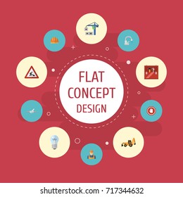 Flat Icons Bulb, Hardhat, Pipeline Valve And Other Vector Elements. Set Of Construction Flat Icons Symbols Also Includes Stop, Lifting, Valve Objects.