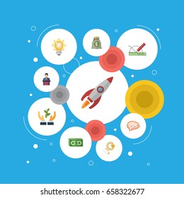 Flat Icons Bulb, Help, Coin And Other Vector Elements. Set Of Startup Flat Icons Symbols Also Includes Development, Income, Light Objects.