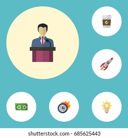 Flat Icons Bulb, Limit, Break And Other Vector Elements. Set Of Projects Flat Icons Symbols Also Includes Launch, Coffee, Cash Objects.