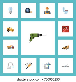 Flat Icons Bulb, Restroom, Toolkit And Other Vector Elements. Set Of Construction Flat Icons Symbols Also Includes Toilet, Tap, Screwdriver Objects.