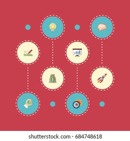 Flat Icons Bulb, Show, Rocket And Other Vector Elements. Set Of Startup Symbols Also Includes Development, Brain, Light Objects.