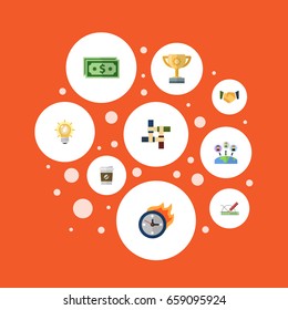 Flat Icons Bulb, Support, Break And Other Vector Elements. Set Of Startup Flat Icons Symbols Also Includes Geometry, Motivation, Break Objects.