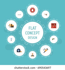 Flat Icons Bulb, Tractor, Roll Meter And Other Vector Elements. Set Of Industry Flat Icons Symbols Also Includes Wheelbarrow, Measure, Plumbing Objects.