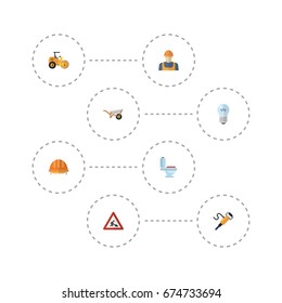 Flat Icons Bulb, Worker, Restroom And Other Vector Elements. Set Of Industry Flat Icons Symbols Also Includes Equipment, Restroom, Hardhat Objects.
