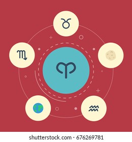 Flat Icons Bull, Comet, Earth Planet And Other Vector Elements. Set Of Astrology Flat Icons Symbols Also Includes Ram, Globe, Horoscope Objects.