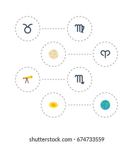 Flat Icons Bull, Comet, Ram And Other Vector Elements. Set Of Astronomy Flat Icons Symbols Also Includes Virgo, Planet, Horoscope Objects.