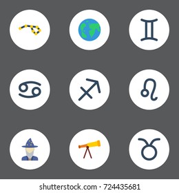 Flat Icons Bull, Horoscope, Archer And Other Vector Elements. Set Of  Flat Icons Symbols Also Includes Optics, Twins, Constellation Objects.