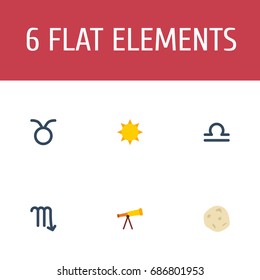 Flat Icons Bull, Optics, Comet And Other Vector Elements. Set Of Astrology Flat Icons Symbols Also Includes Telescope, Libra, Bull Objects.