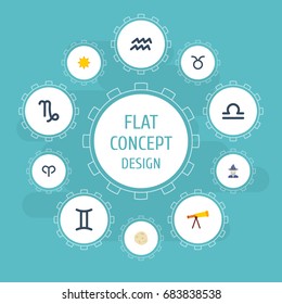 Flat Icons Bull, Scales, Ram And Other Vector Elements. Set Of Galaxy Flat Icons Symbols Also Includes Water, Zodiac, Aries Objects.