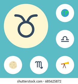 Flat Icons Bull, Scales, Zodiac Sign And Other Vector Elements. Set Of Astrology Flat Icons Symbols Also Includes Libra, Comet, Globe Objects.