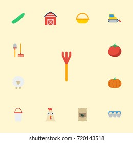 Flat Icons Bulldozer, Lamb, Rooster And Other Vector Elements. Set Of Agriculture Flat Icons Symbols Also Includes Cock, Bulldozer, Sack Objects.