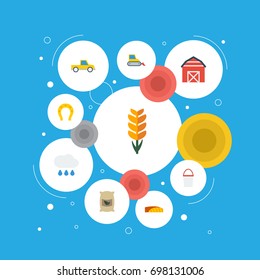 Flat Icons Bulldozer, Talisman, Pail And Other Vector Elements. Set Of Harvest Flat Icons Symbols Also Includes Harvester, Container, Storehouse Objects.