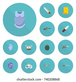 Flat Icons Bulletproof, Gem, Parchment And Other Vector Elements.