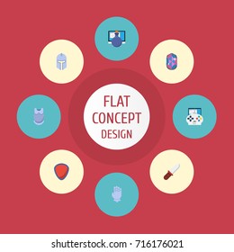 Flat Icons Bulletproof, Weapon, Gem And Other Vector Elements. Set Of Game Flat Icons Symbols Also Includes Bulletproof, Protection, Helmet Objects.