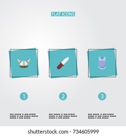 Flat Icons Bulletproof, Weapon, Viking Helmet And Other Vector Elements. Set Of Gaming Flat Icons Symbols Also Includes Helmet, Knife, Infantry Objects.