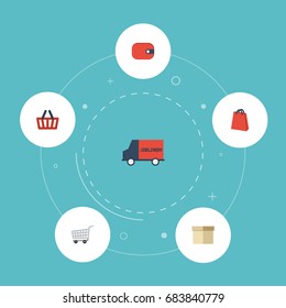Flat Icons Bus, Case, Pouch And Other Vector Elements. Set Of Magazine Flat Icons Symbols Also Includes Delivery, Pouch, Handbag Objects.
