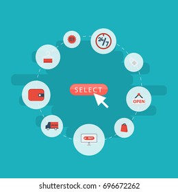 Flat Icons Bus, Label, Big Sale And Other Vector Elements. Set Of Store Flat Icons Symbols Also Includes Time, Handbag, Price Objects.